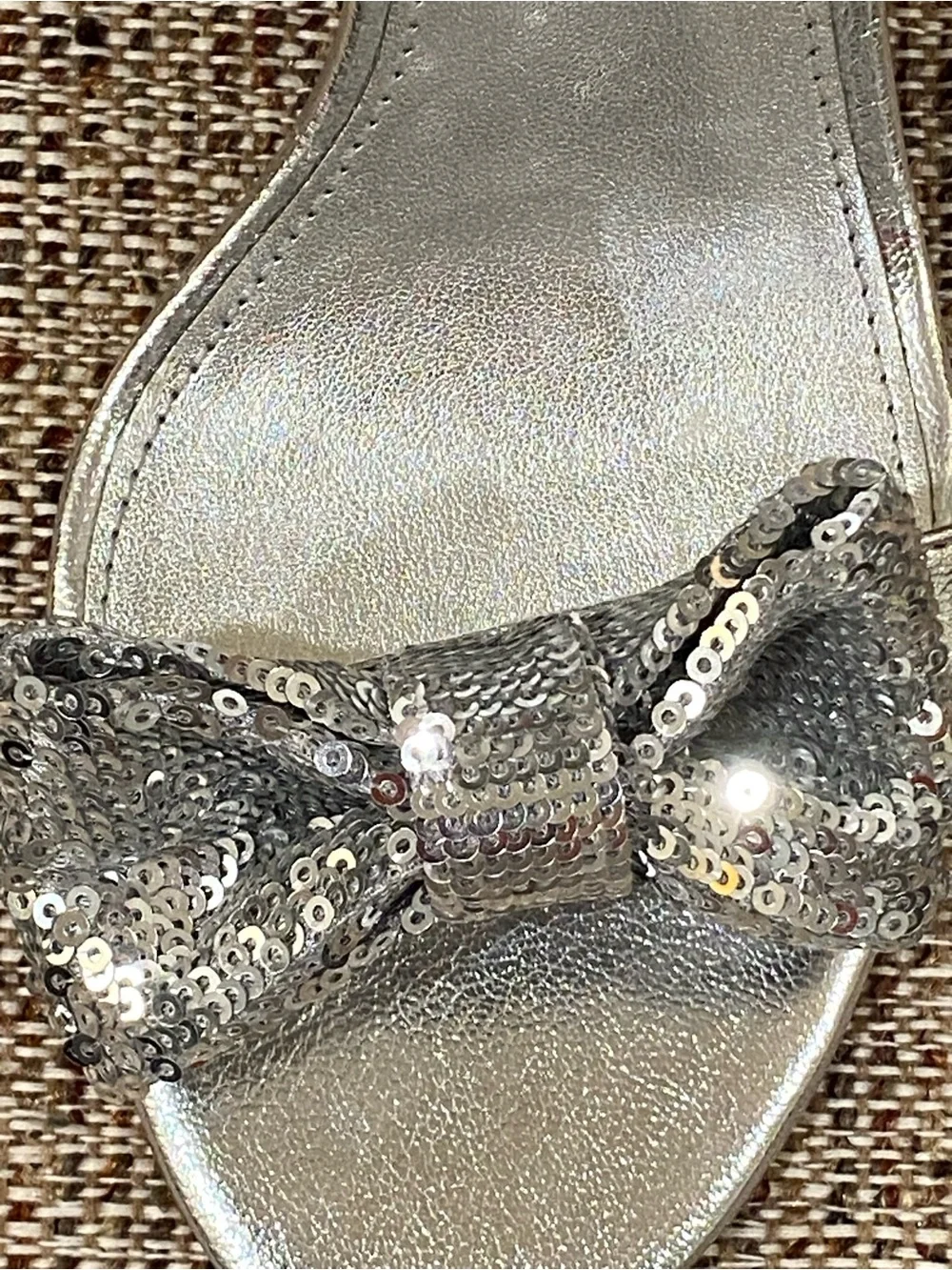 Michael Kors Silver Sequin Bow Ankle Strap Heels